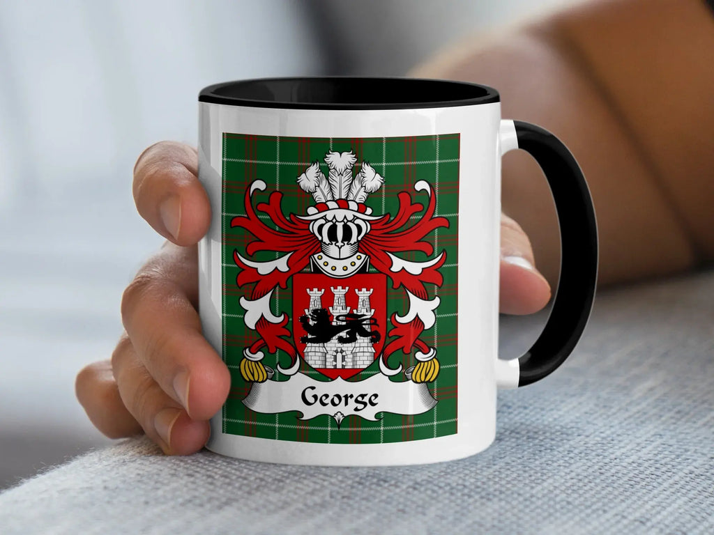 George Welsh coat of arms accent mug with black handle and family crest on Welsh National Tartan