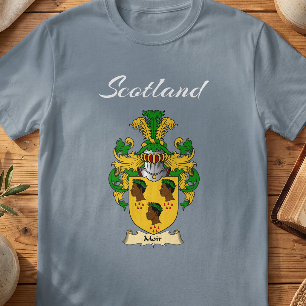 Moir Scottish family shield T-shirt in Stone Blue