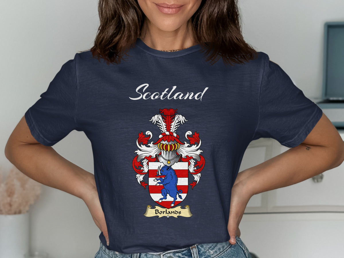 Borlands Scottish family shield design on Navy T-shirt
