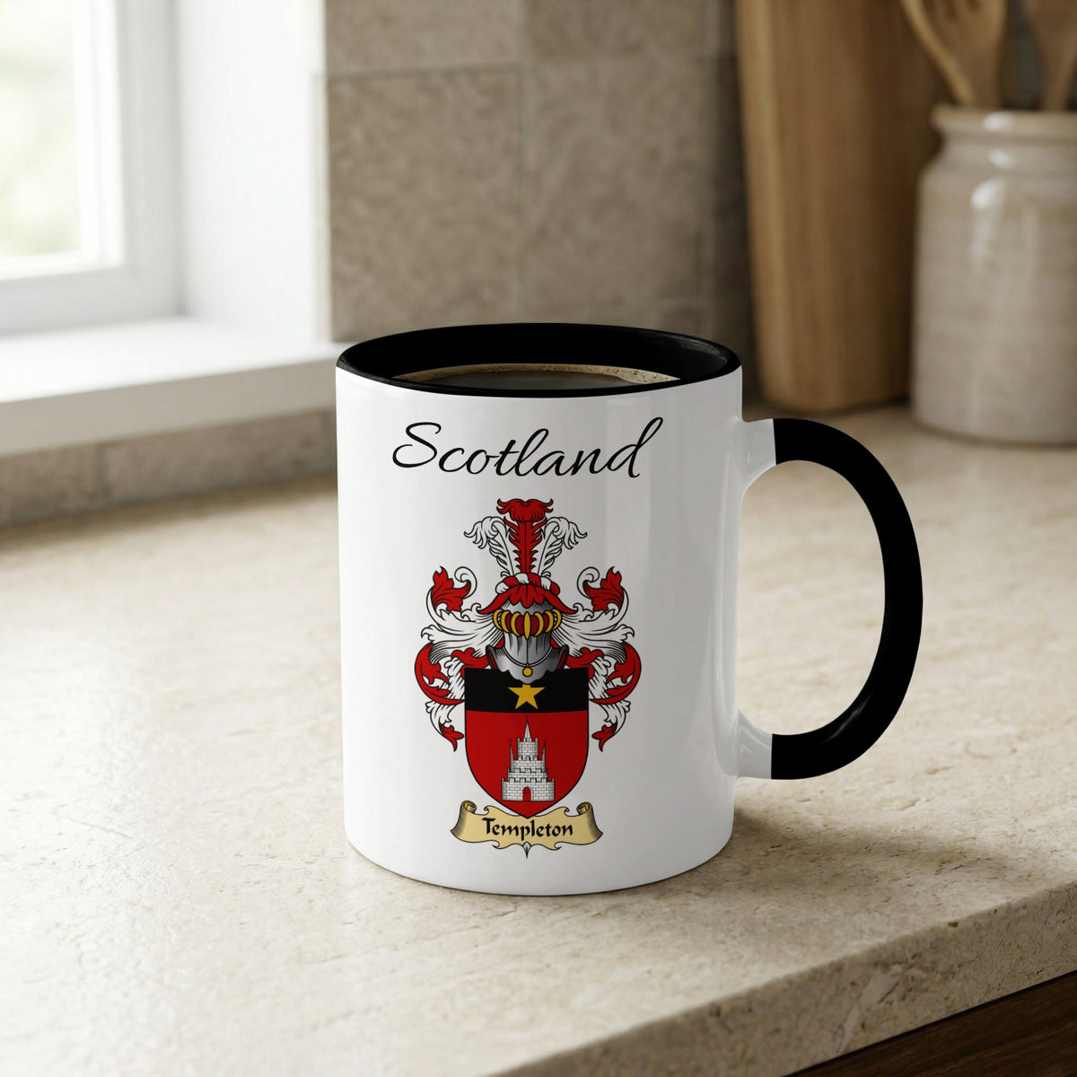 Templeton Scottish family crest accent mug with Scotland lettering and coat of arms artwork