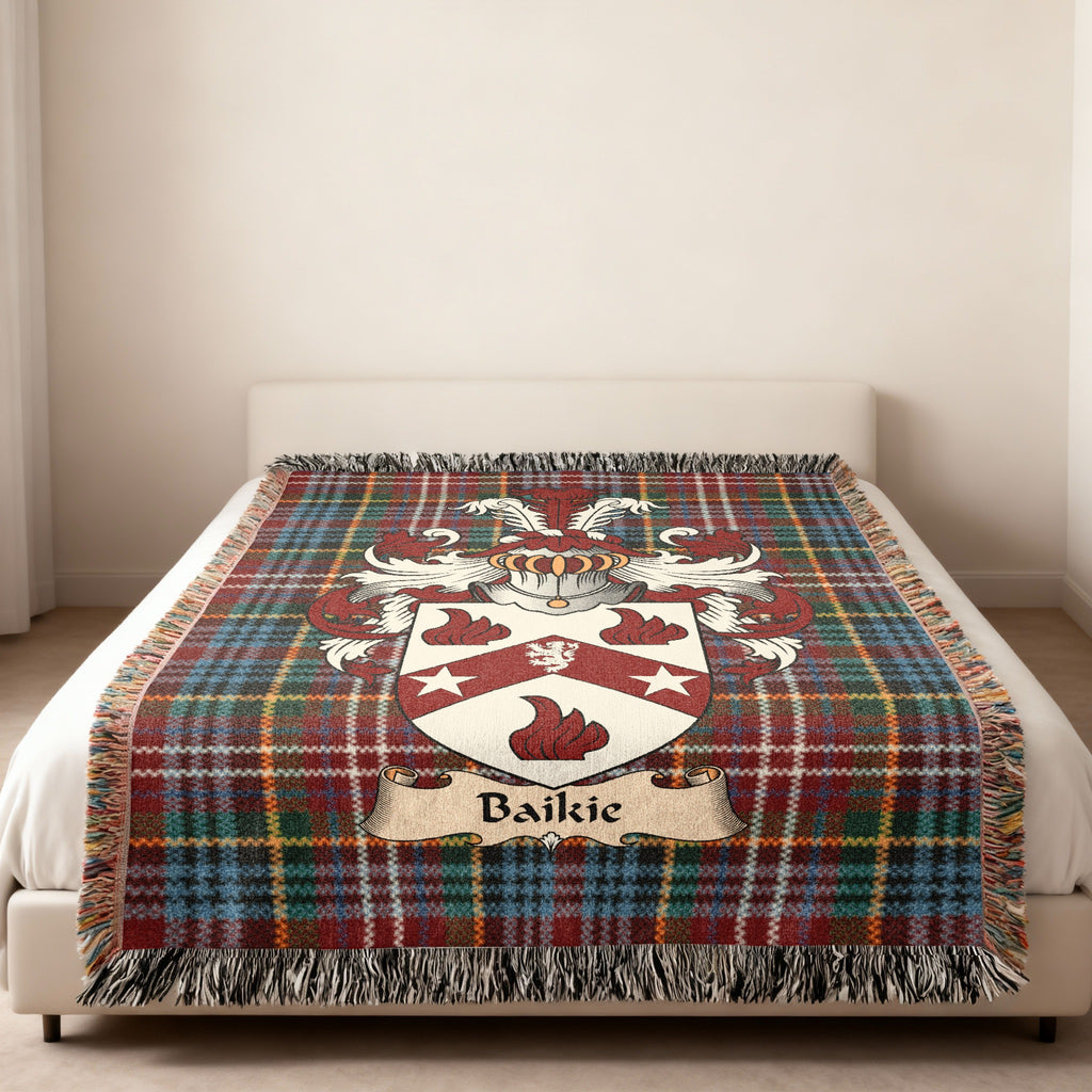 Baikie Caledonia tartan heritage woven throw blanket with family shield