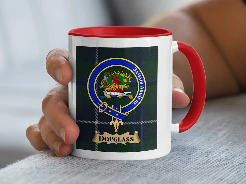 Douglass family crest clan tartan ceramic mug 11oz — heraldic design with red handle