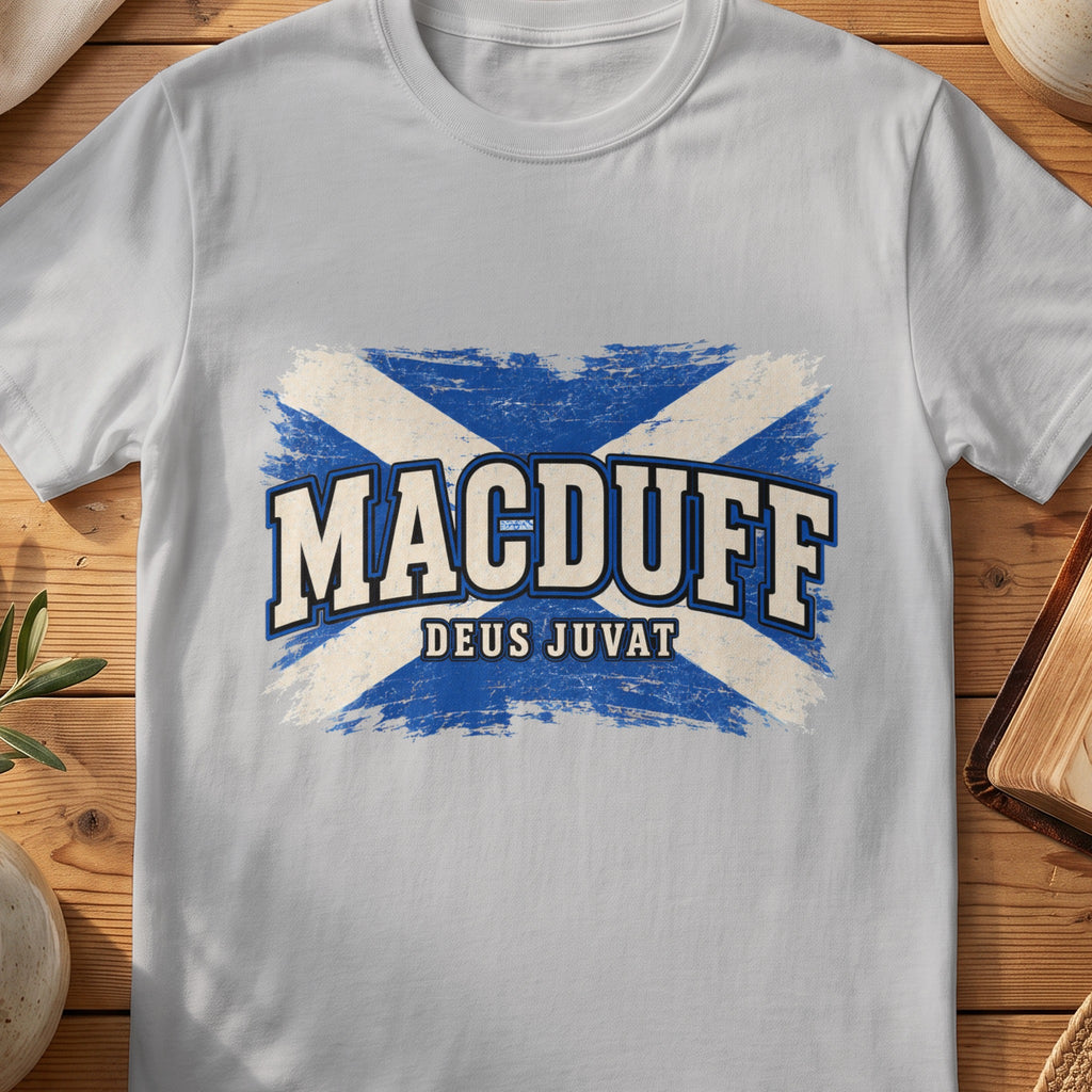 MacDuff Scottish Saltire T-shirt in Sport Grey, with distressed blue and cream flag and “Deus Juvat” lettering.