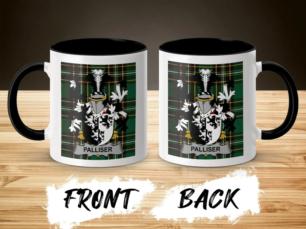 Palliser ceramic accent mug with black handle and family crest on tartan
