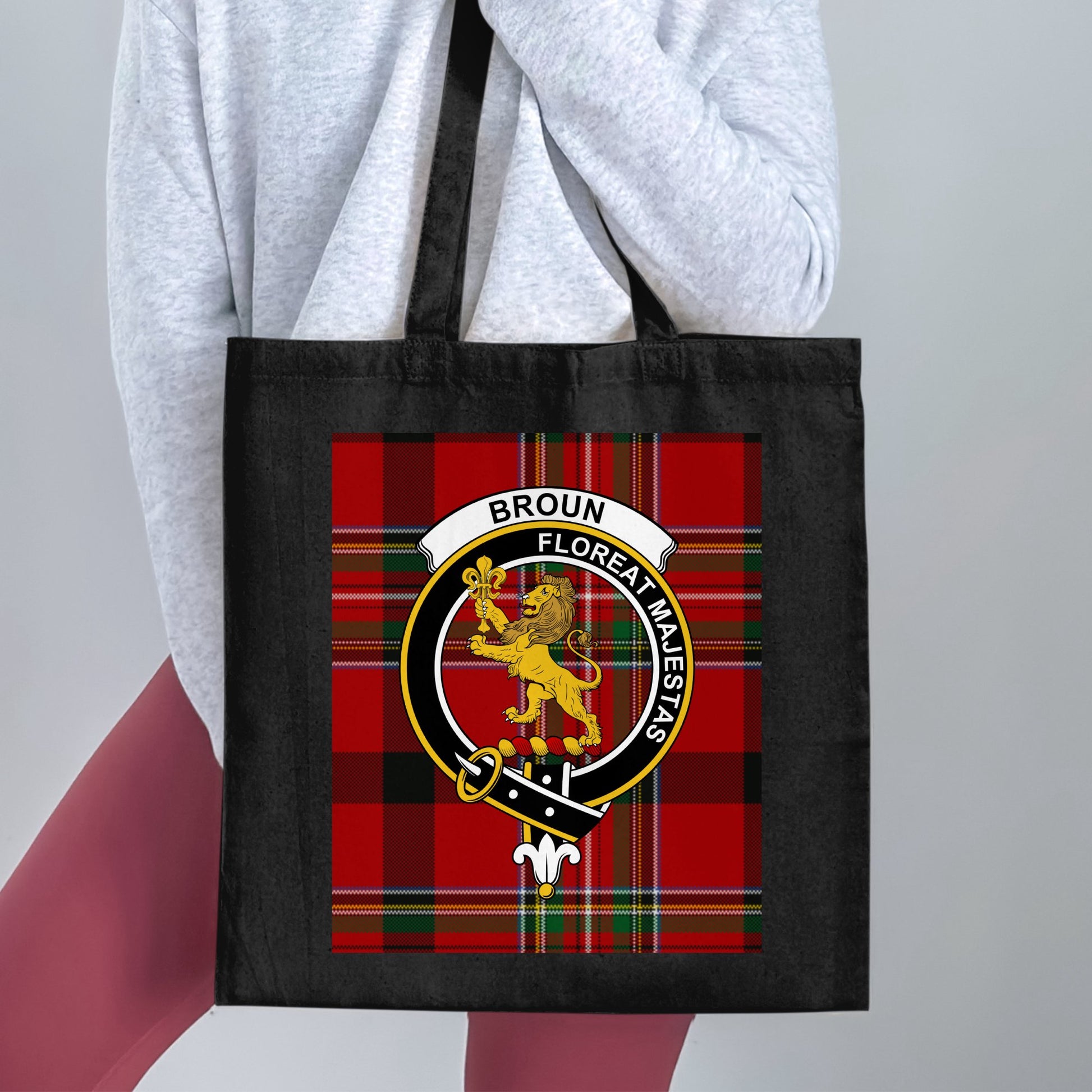 Broun Scottish Clan Crest on Tartan Background Tote Bag - Living Stone Gifts