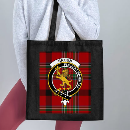 Broun Scottish Clan Crest on Tartan Background Tote Bag - Living Stone Gifts