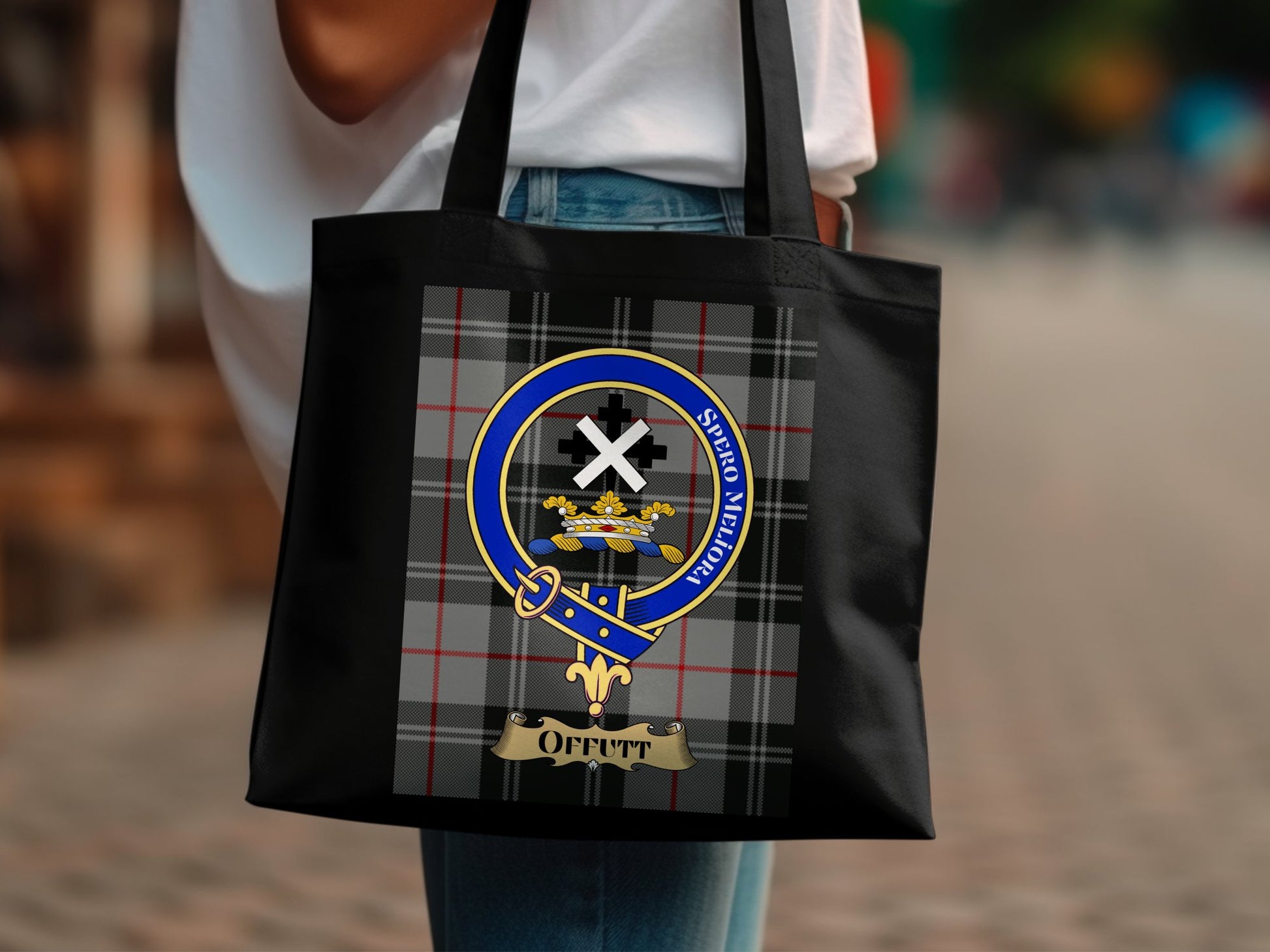 Scottish Clan Crest on Tartan Background Tote Bag - Living Stone Gifts