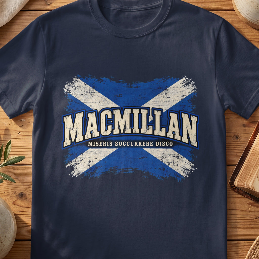 MacMillan Scottish Saltire T-shirt in Navy, with distressed blue and cream flag and “Miseris Succurrere Disco” lettering.