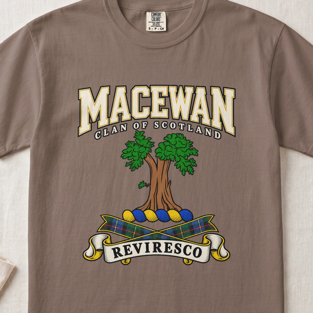 MacEwan Scottish clan graphic T-shirt in Espresso, front view