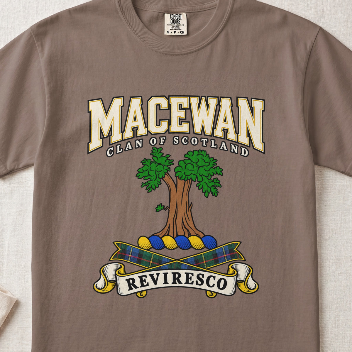 MacEwan Scottish clan graphic T-shirt in Espresso, front view