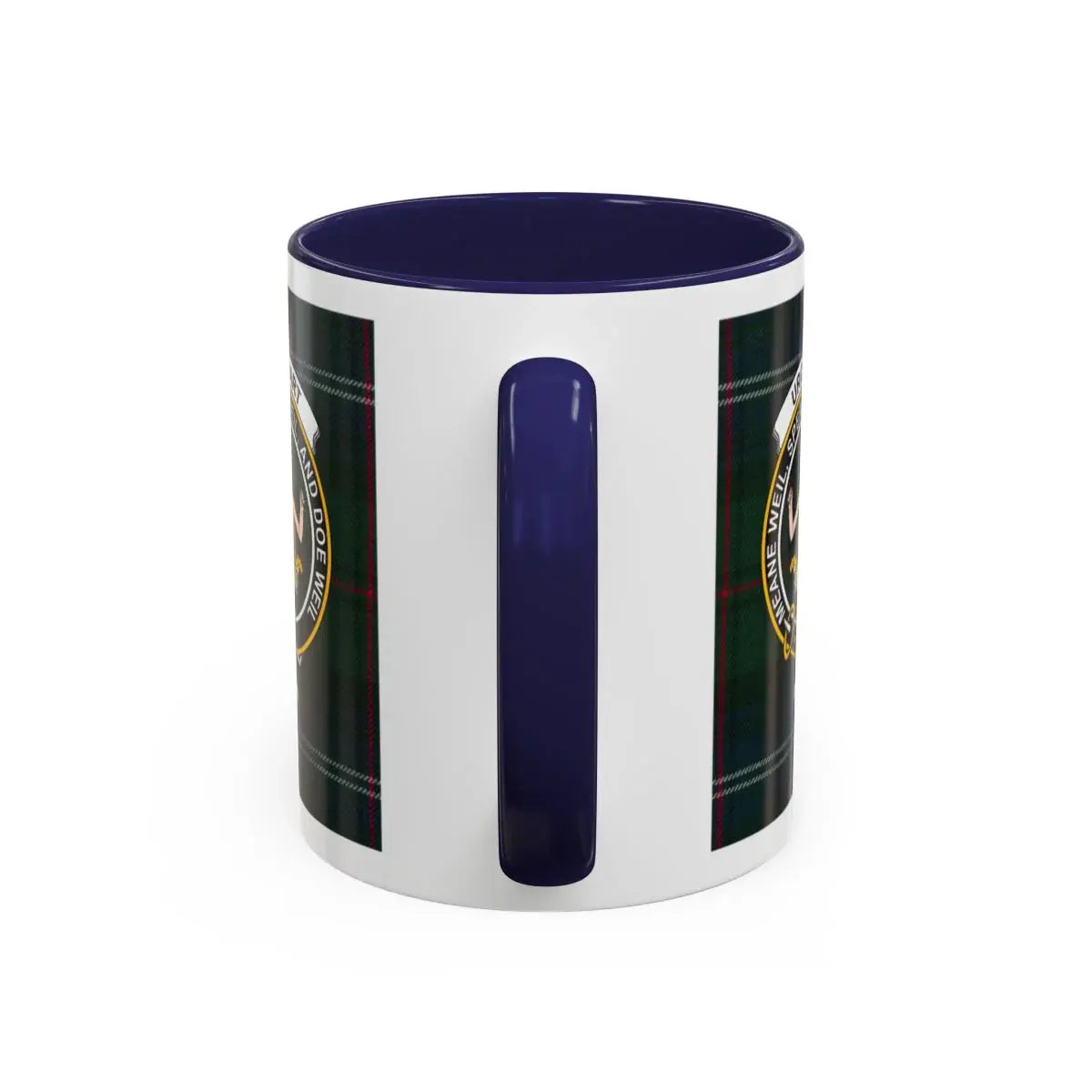 Clan Urquhart Scottish tartan mug — close-up of crest and accent interior detail