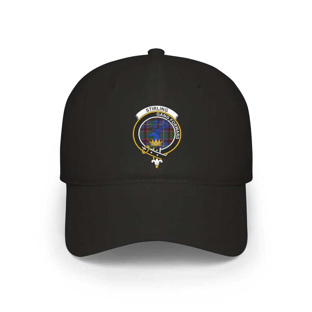Stirling gang forward crest printed black cap — stag emblem, front view