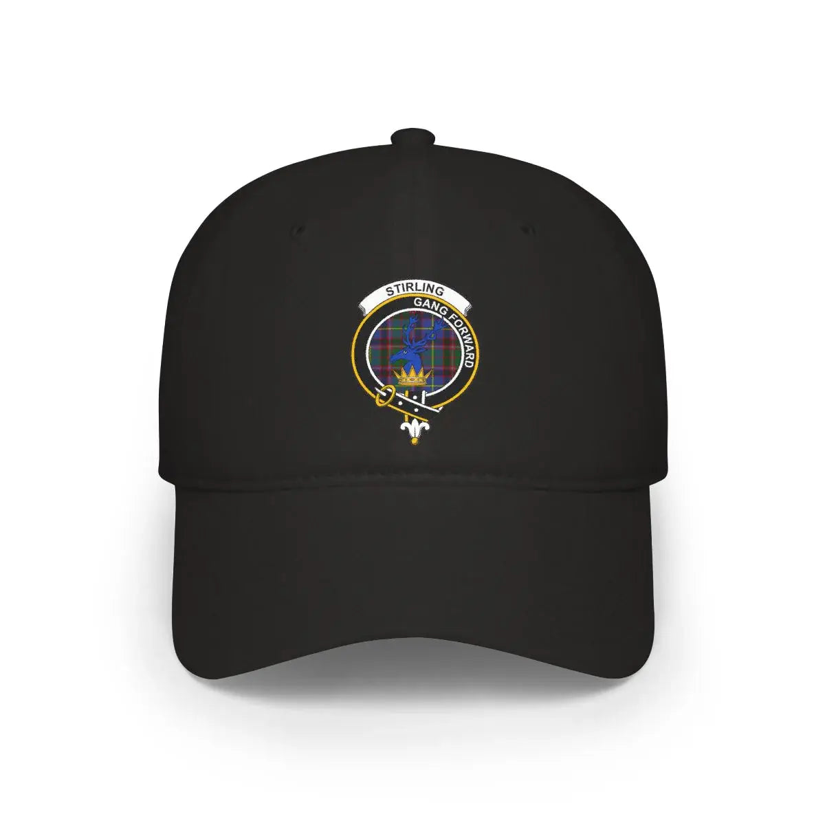 Stirling gang forward crest printed black cap — stag emblem, front view