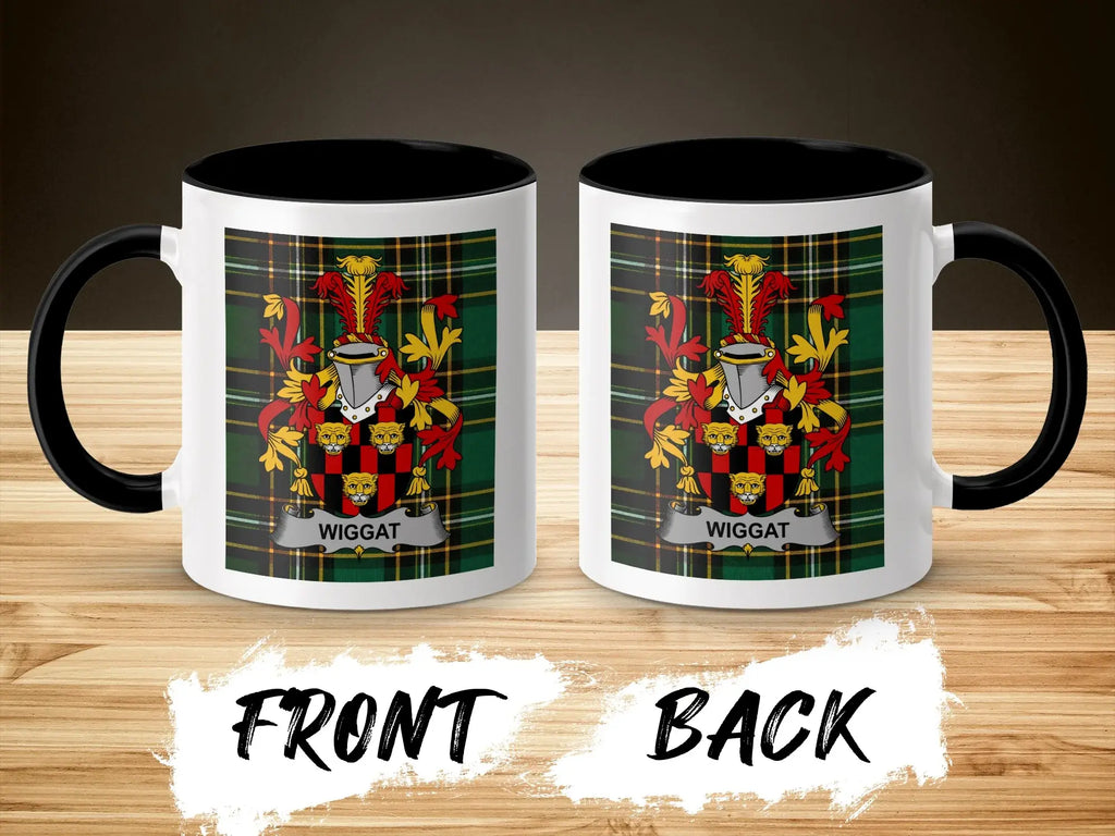 Wiggatt coat of arms on a mug, front and back view, on wooden surface.