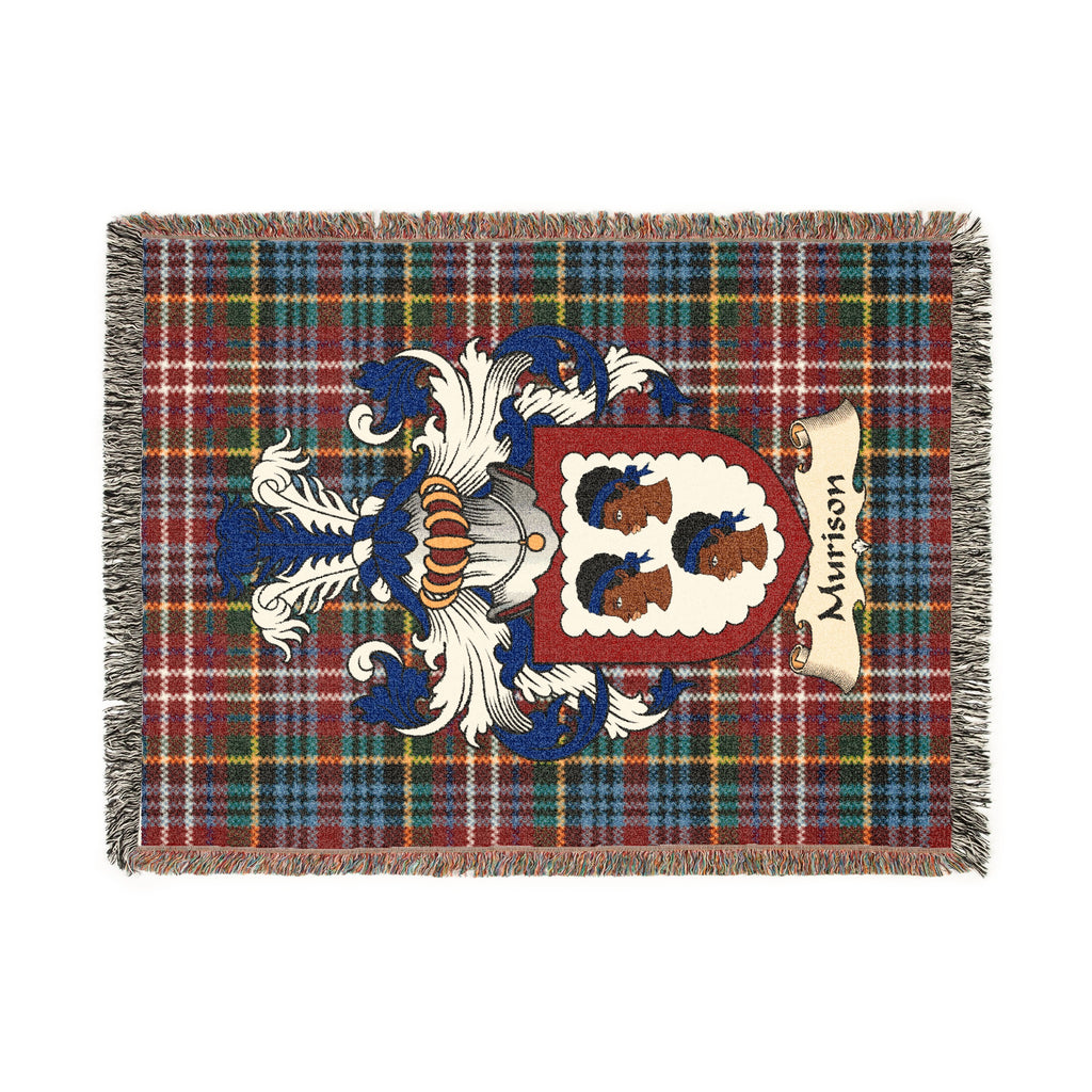 Murison Scottish woven blanket with family shield and Caledonia tartan background