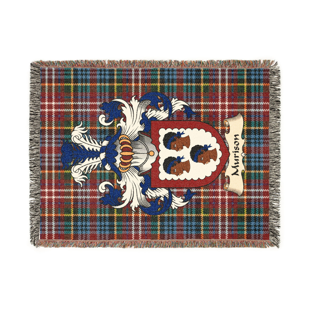 Murison Scottish woven blanket with family shield and Caledonia tartan background