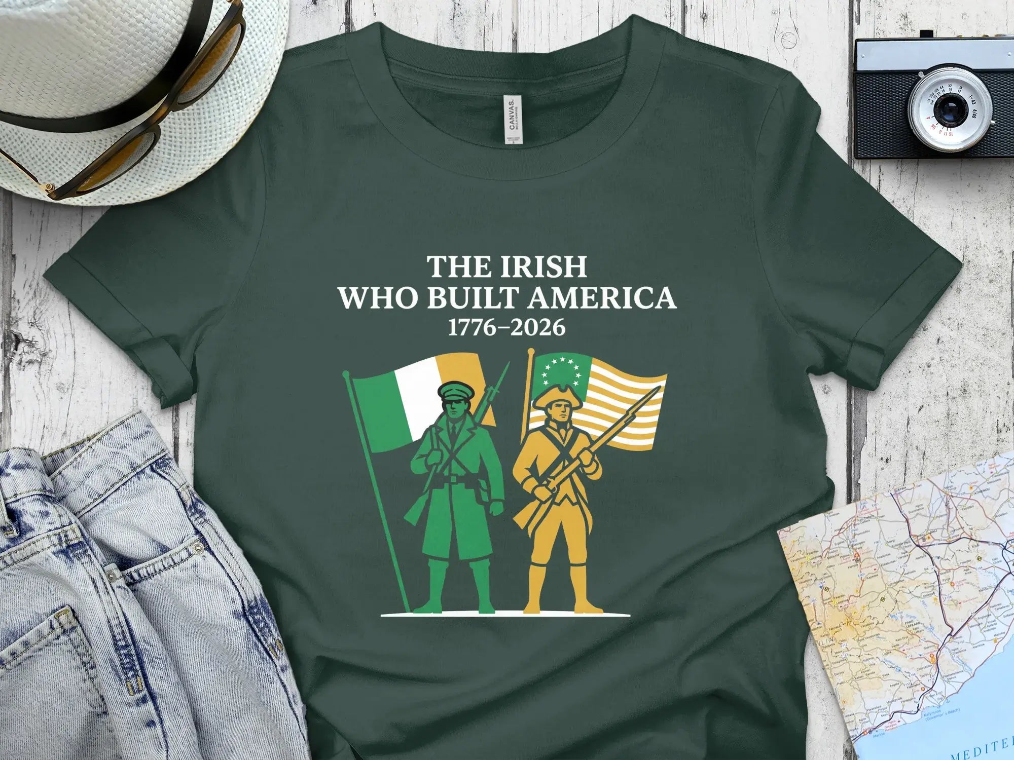 Green t-shirt with "The Irish Who Built America 1776-2026" and two figures.