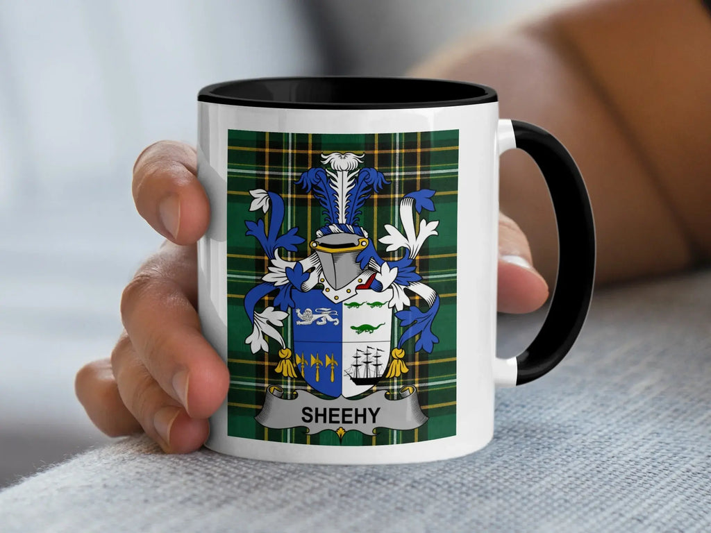 Sheehy Irish family crest black accent mug with Irish National Tartan