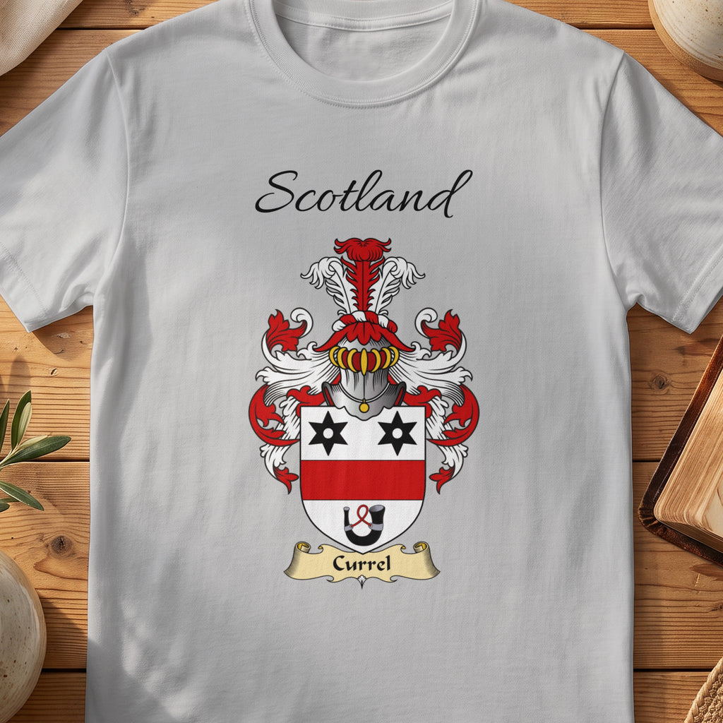 Sport Grey Currel Scottish family shield T-shirt featuring black stars above a red band