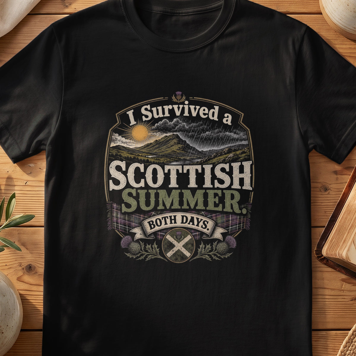 Black Gildan 64000 unisex T-shirt flatlay with I Survived a Scottish Summer Both Days Scottish graphic design