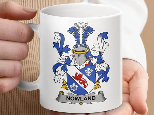 Nowland Family Crest Coat of Arms on White Mug - Celtic Ancestry Gifts