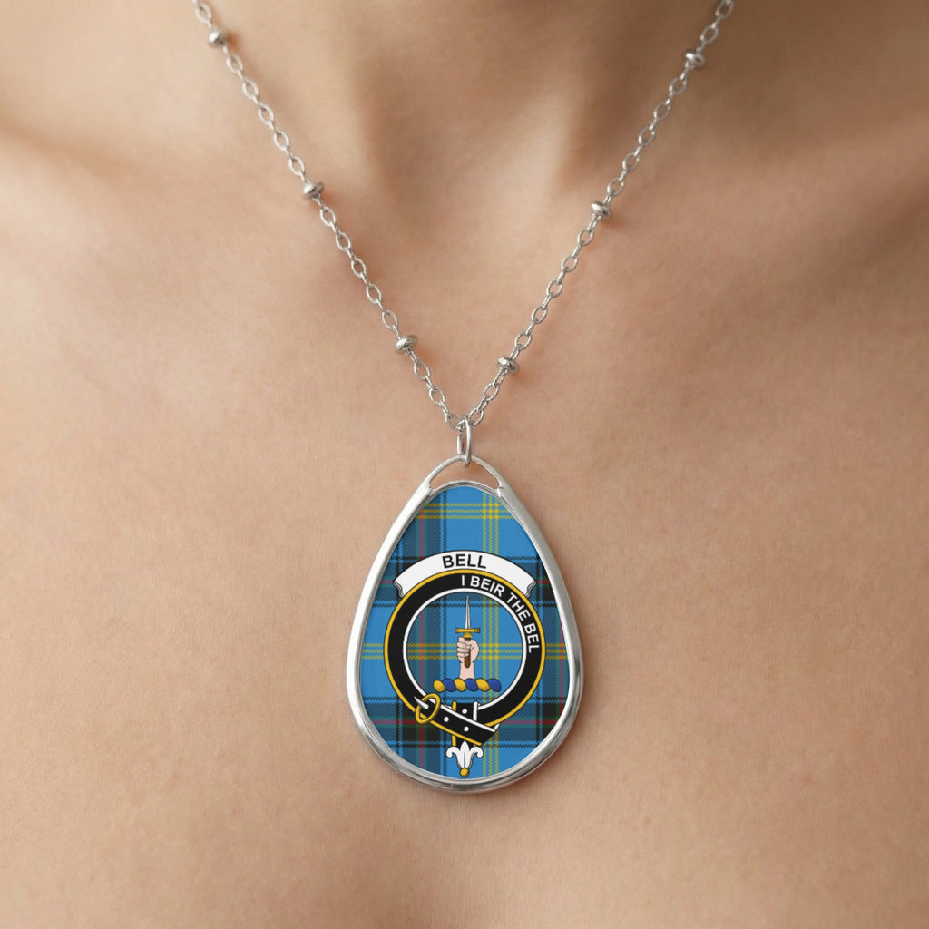 Close-up of Bell clan tartan pendant necklace with crest and motto