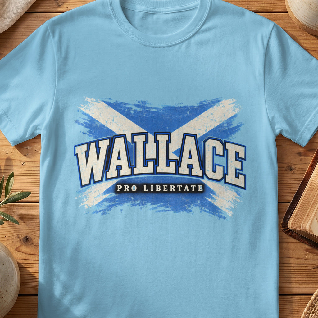 Wallace Scottish Saltire T-shirt in Sky, with distressed blue and cream flag and “Pro Libertate” lettering.