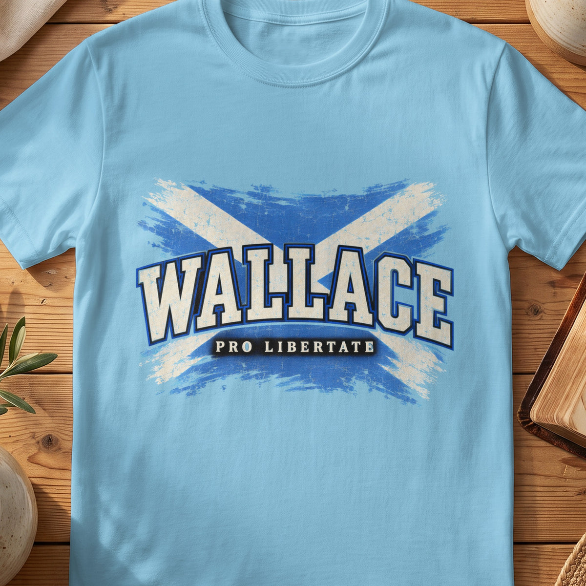 Wallace Scottish Saltire T-shirt in Sky, with distressed blue and cream flag and “Pro Libertate” lettering.
