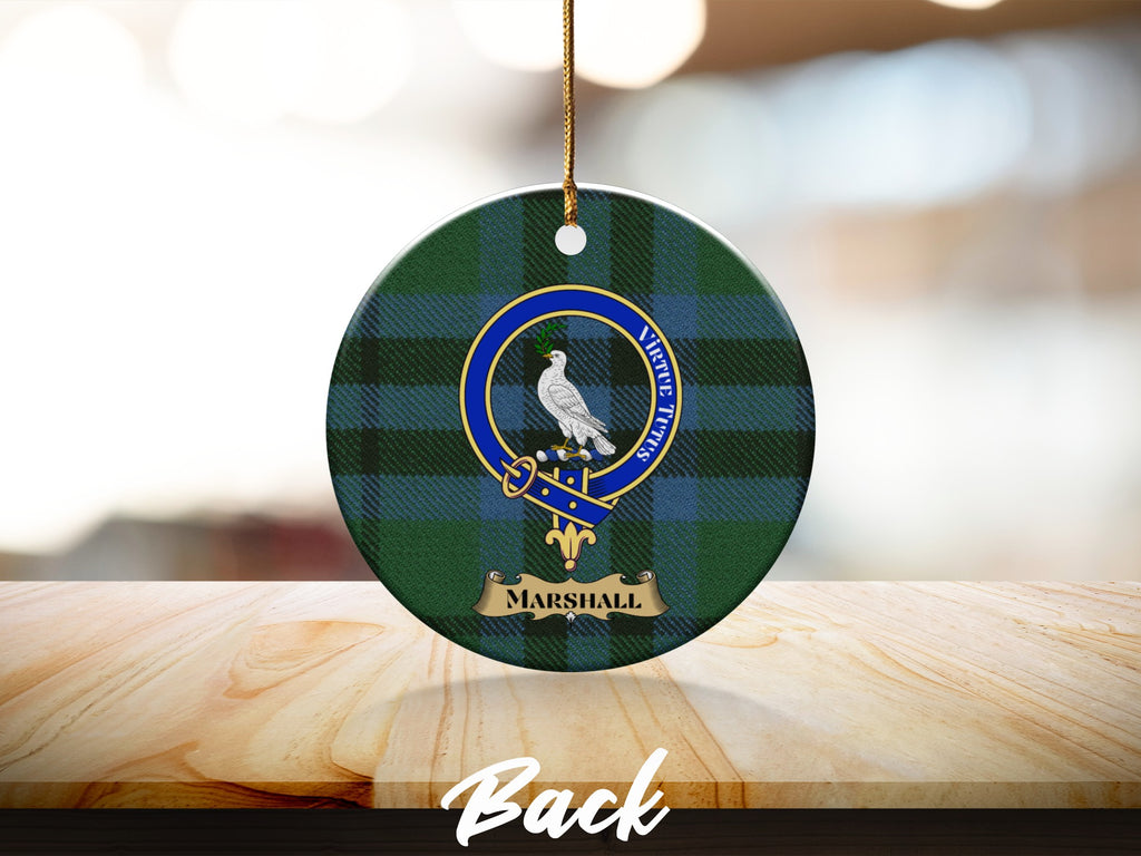 Marshall family crest on tartan ceramic ornament — reverse side view