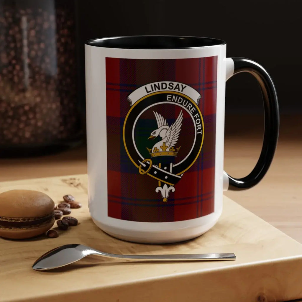Lindsay Endure Fort plaid mug with emblem design — 11oz glossy white ceramic, Scottish heritage