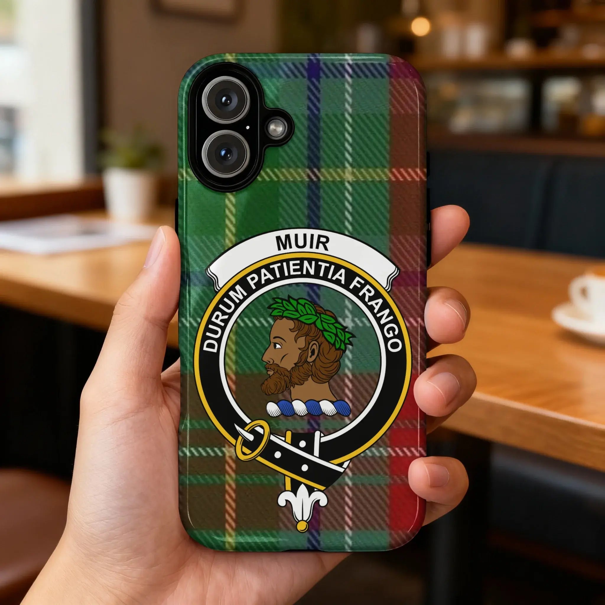 Muir Durum Patientia Frango clan crest phone case — glossy impact-resistant tartan cover