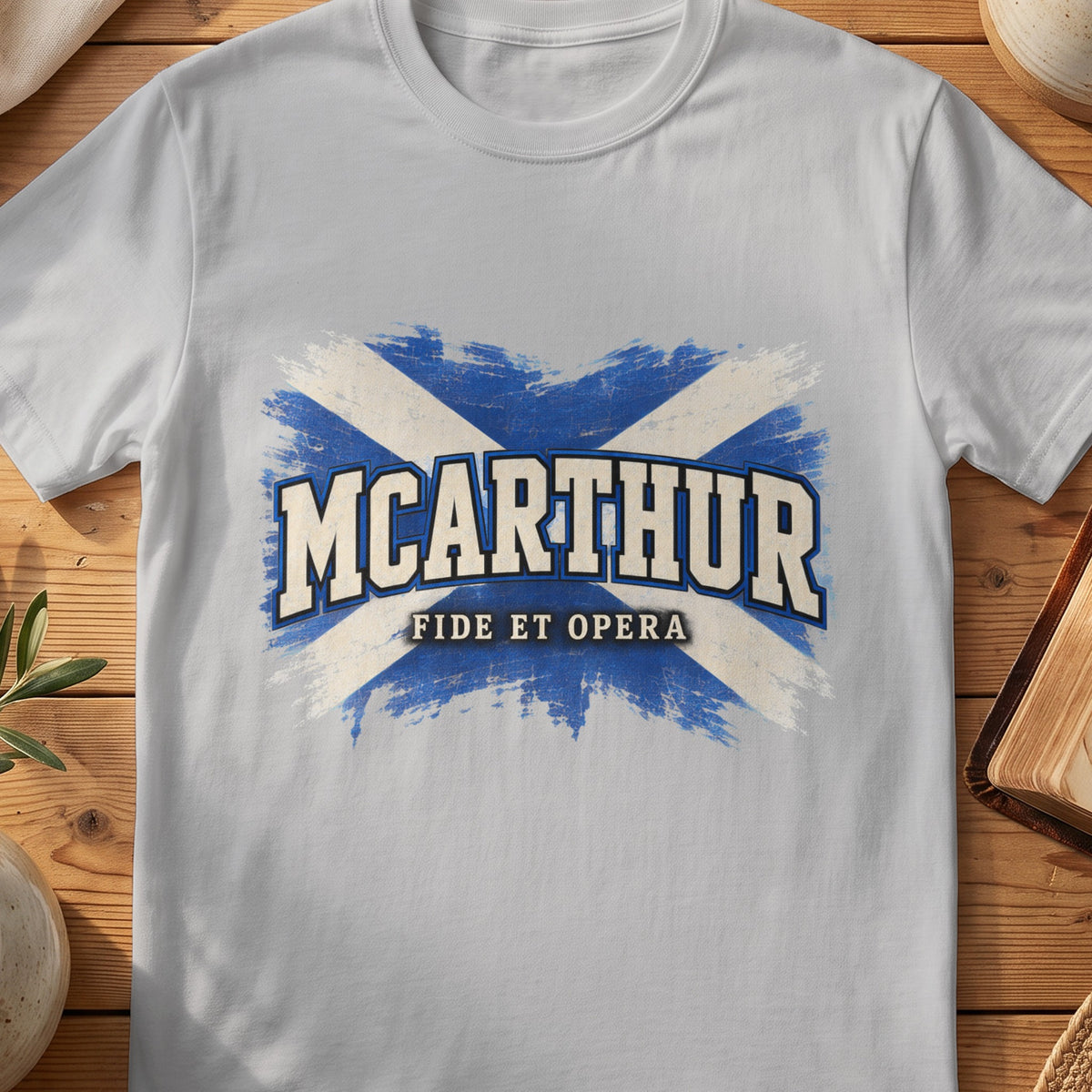 McArthur Scottish Saltire T-shirt in Sport Grey, with distressed blue and cream flag and “Fide et Opera” lettering.
