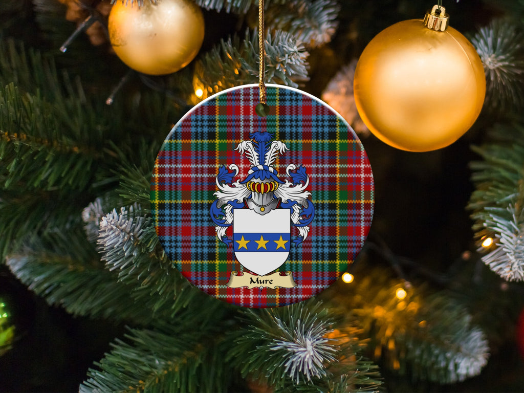 Mure family emblem ceramic Christmas ornament with Caledonia tartan background in festive holiday décor