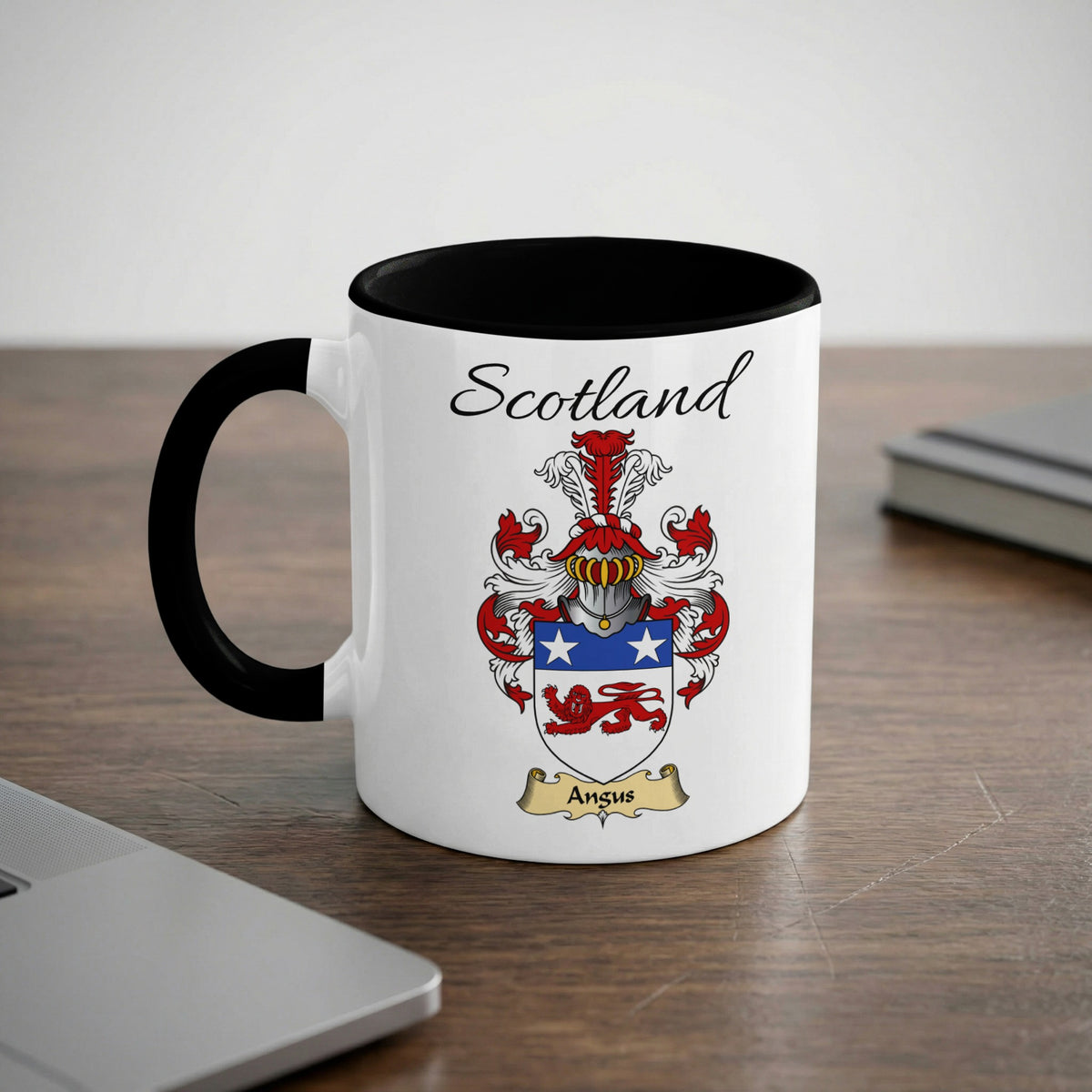 Angus Scottish family crest accent mug with Scotland lettering and coat of arms artwork