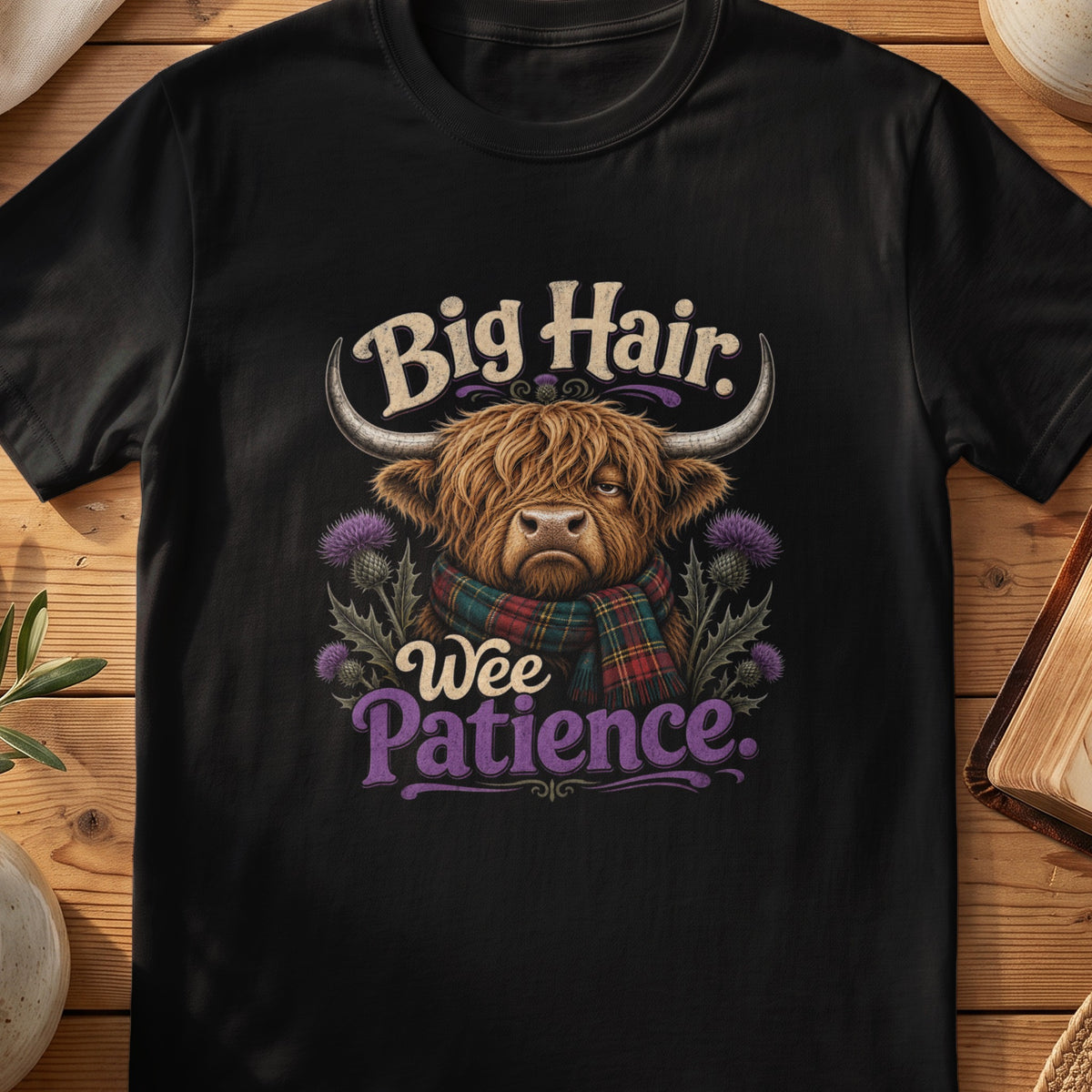 Black Gildan 64000 unisex T-shirt flatlay with Big Hair Wee Patience Scottish graphic design