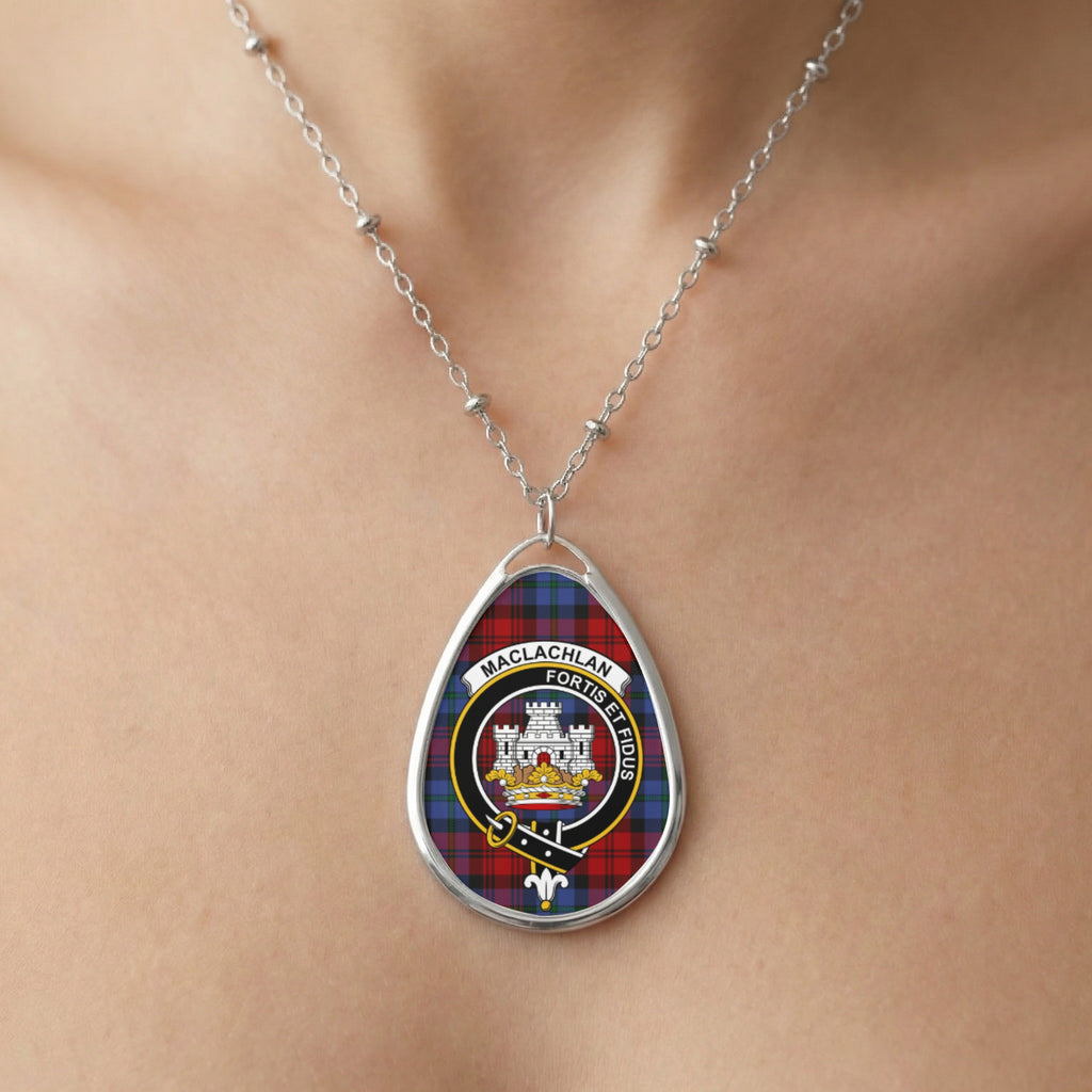 Silver chain necklace with oval Clan MacLachlan pendant featuring tartan and crest.
