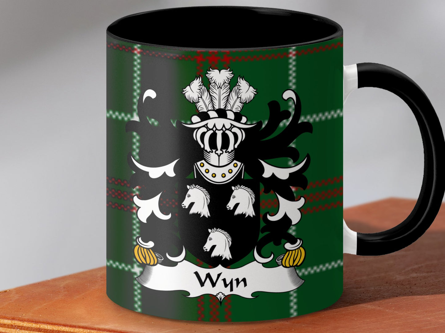 Wyn Family Crest on Welsh National Tartan Background Mug - Living Stone Gifts