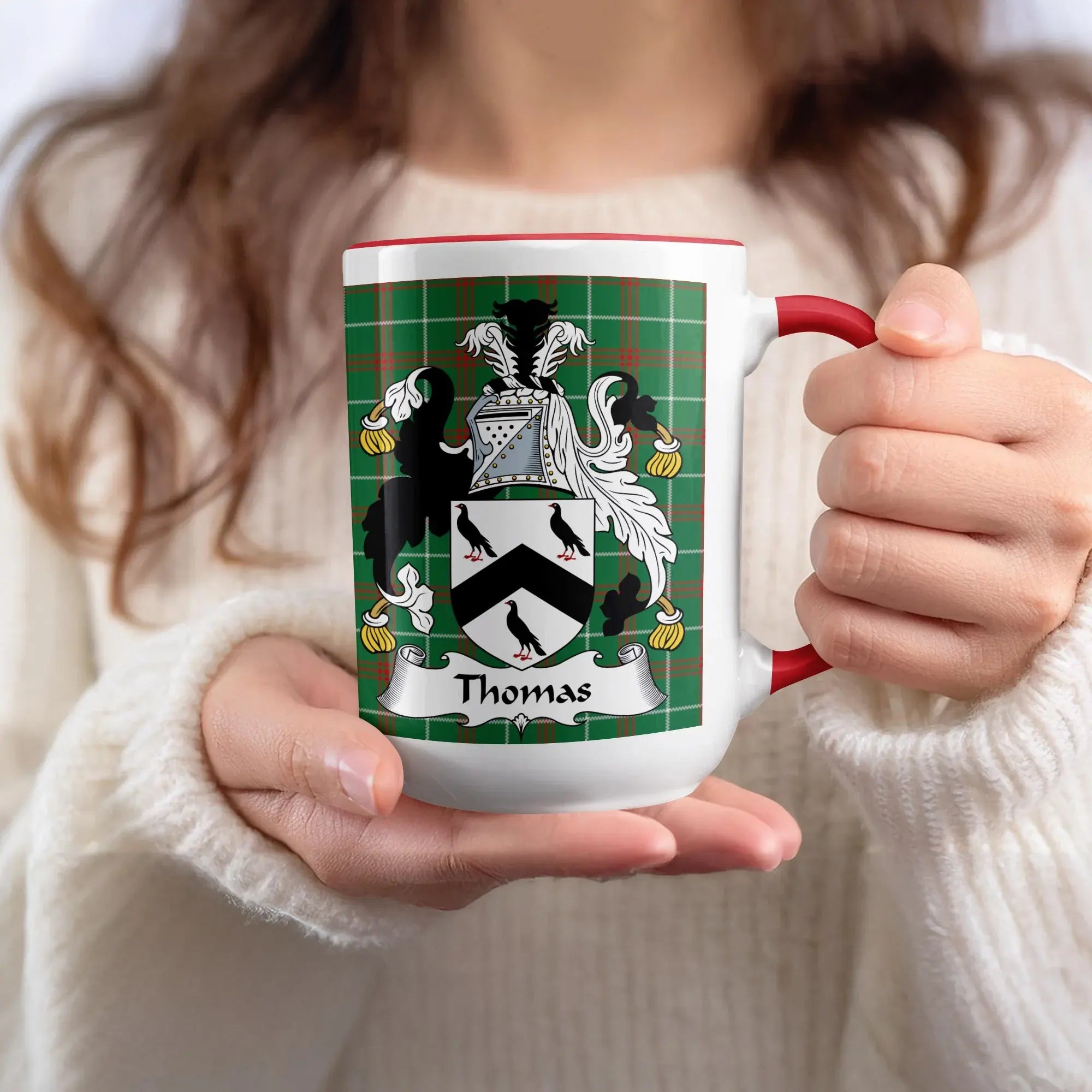 Thomas Welsh family name mug with red handle and coat of arms on green tartan