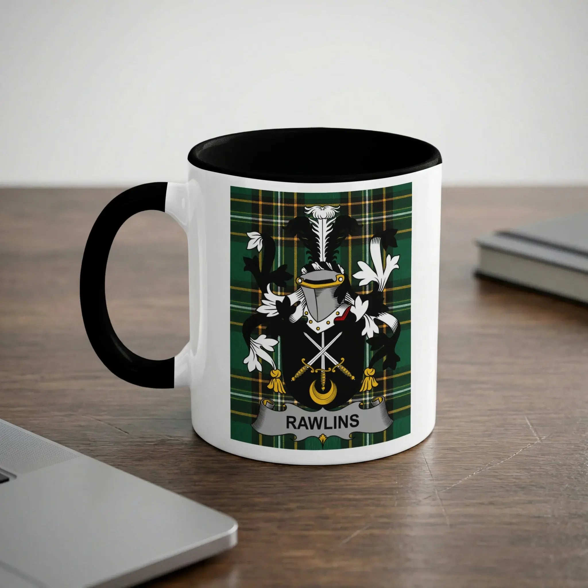 Rawlins Irish heritage mug with black interior and surname crest