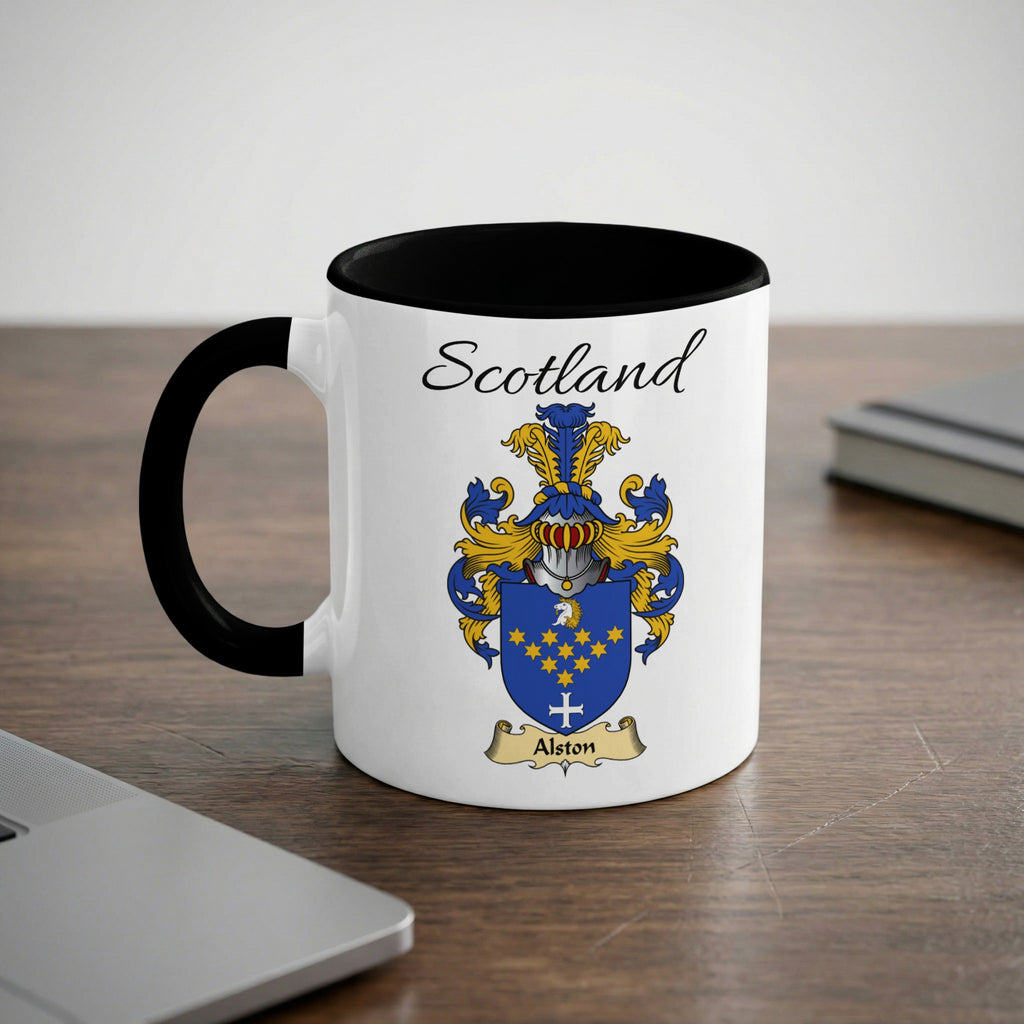Alston Scottish family crest accent mug with Scotland lettering and coat of arms artwork