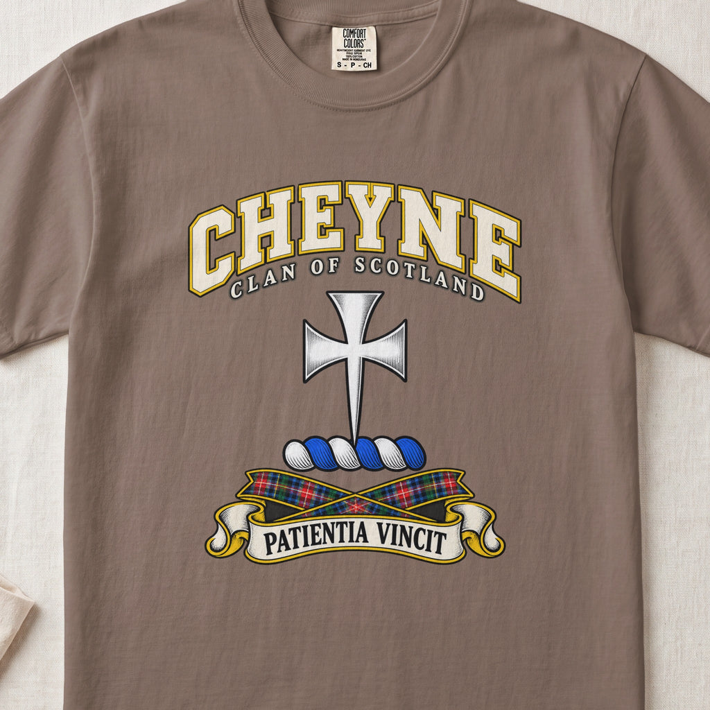 Cheyne Scottish clan T-shirt in Espresso, front view with a silver cross with flared arms and motto design.
