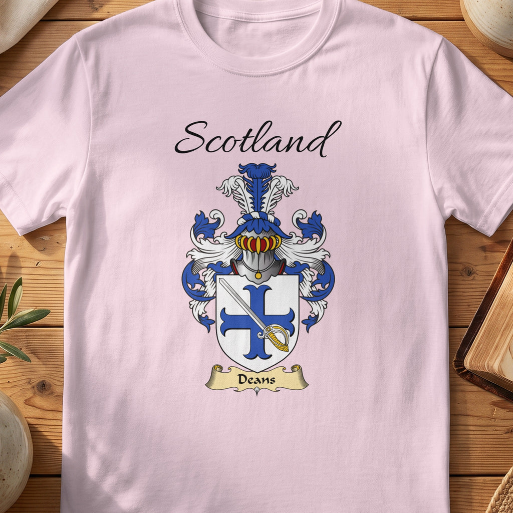 Light Pink Deans Scottish family shield T-shirt featuring a blue cross overlaid with a diagonal sword