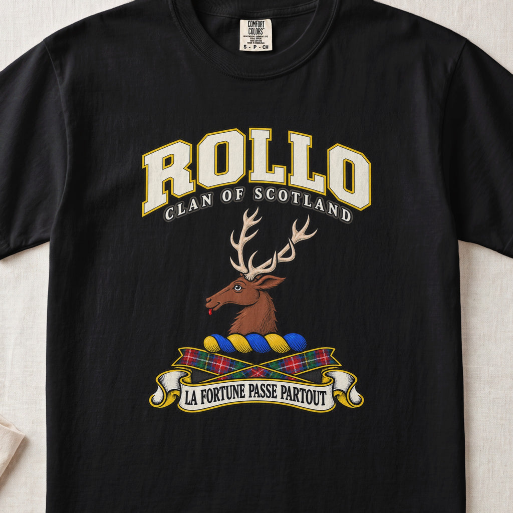Rollo Scottish clan T-shirt in Black, front view with a brown stag head with antlers and motto design.
