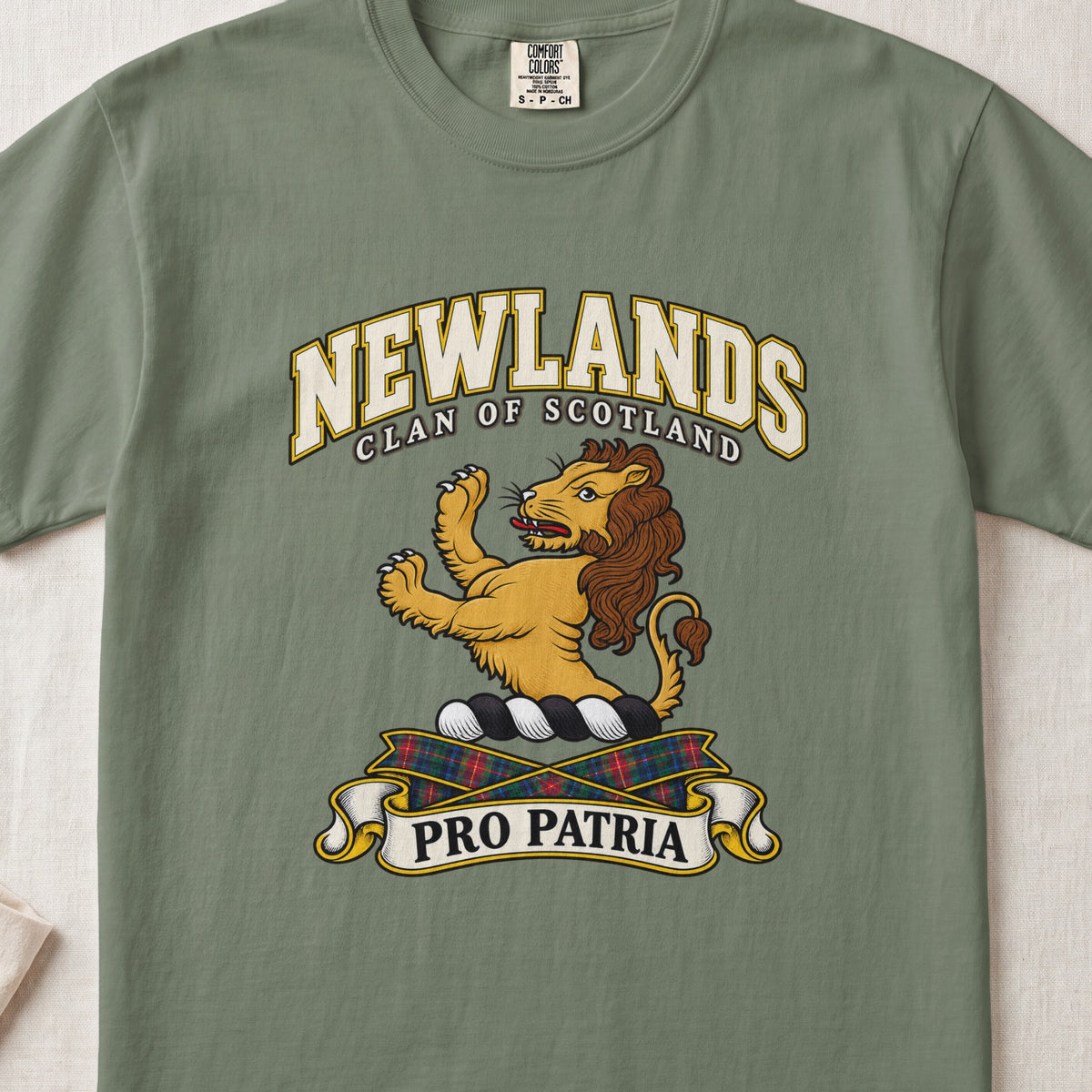 Newlands Scottish clan T-shirt in Moss, front view with a golden lion standing upright and motto design.