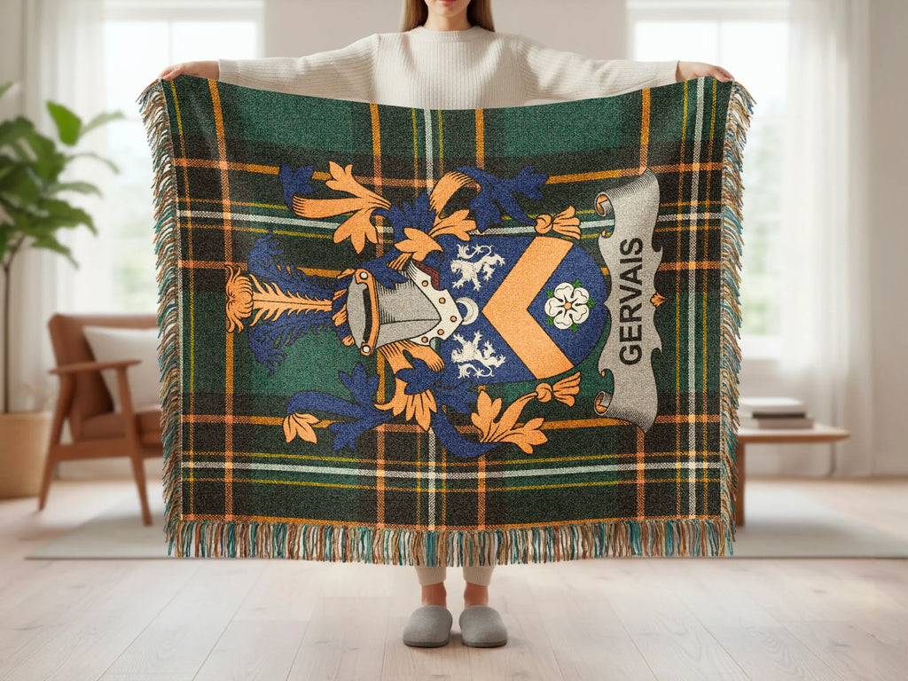 Tartan blanket with the Gervais family crest displayed prominently.
