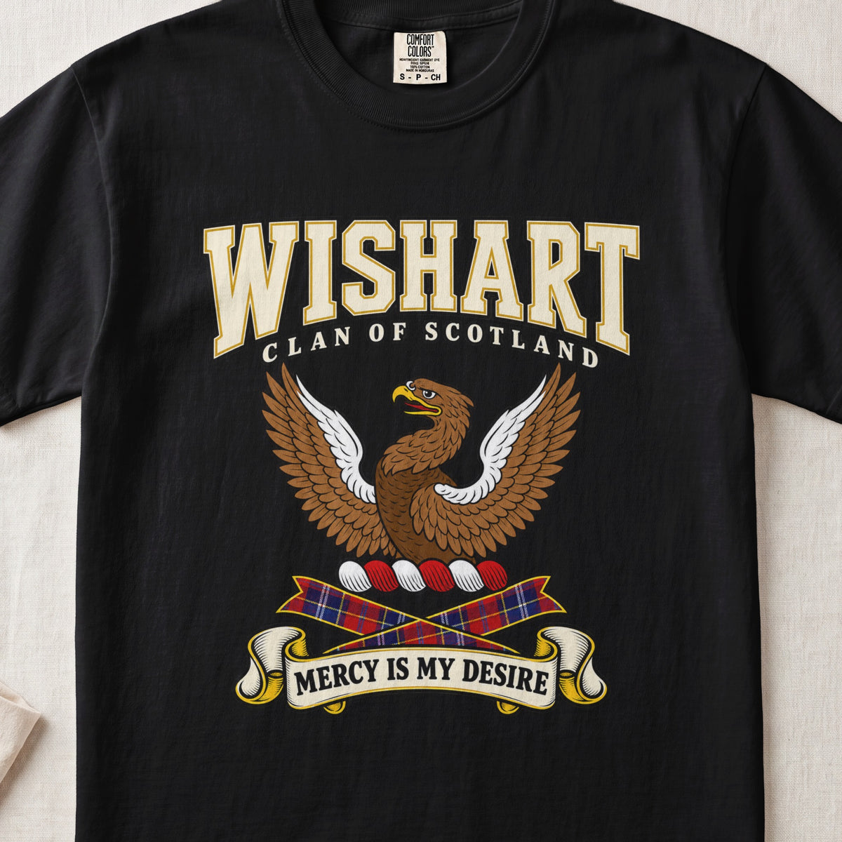 Wishart Scottish clan graphic T-shirt in Black, front view