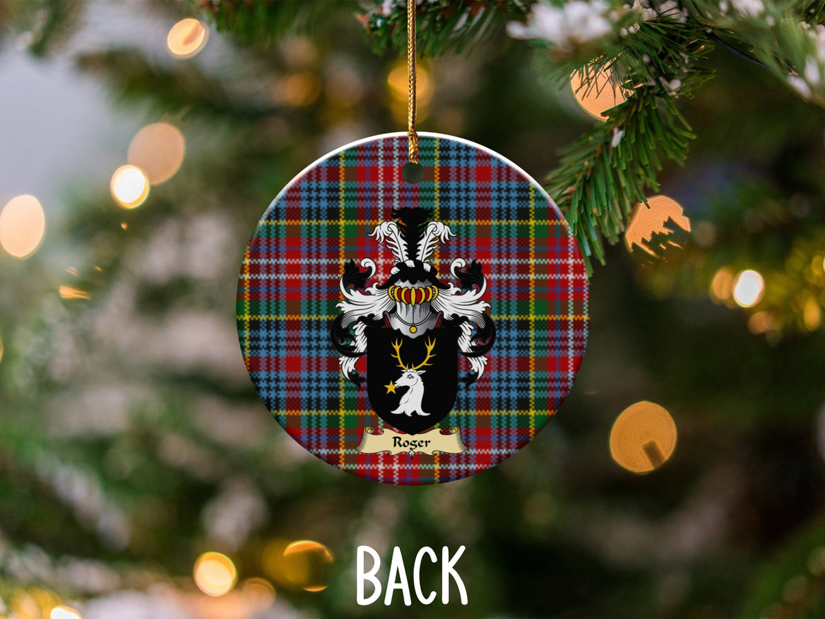 Roger ceramic ornament detail showing a double-sided family shield on a Caledonia tartan background