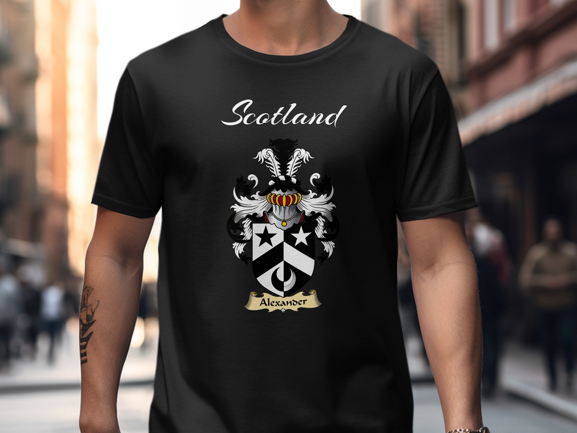 Alexander Scottish family shield design on Black T-shirt