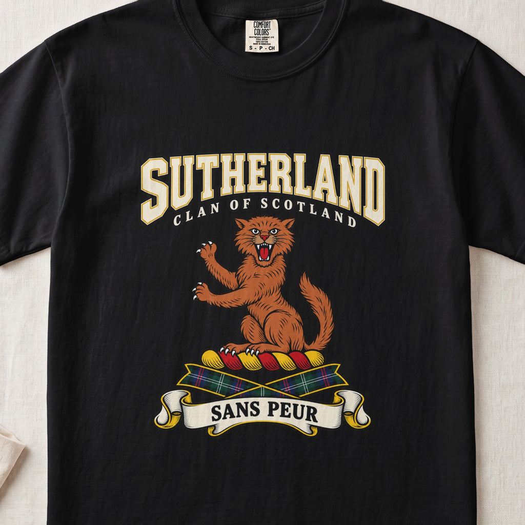 Sutherland graphic T-shirt in Black, front flat lay showing varsity lettering and orange-brown wildcat with raised paws and open mouth.