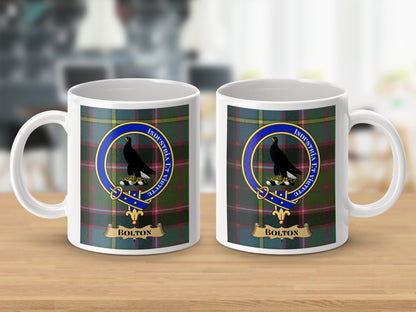 Clan Bolton Crest Badge with Tartan Background Mug - Living Stone Gifts